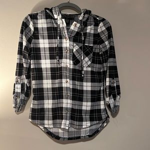 Plaid shirt with 3/4 length sleeves and a fuzzy hood